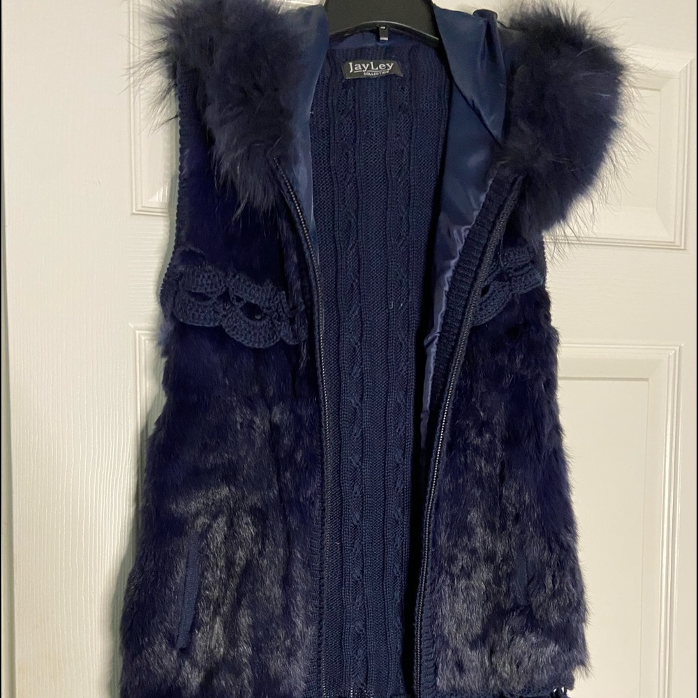 A Navy Blue knit hooded vest